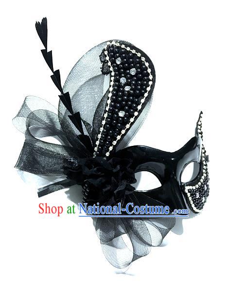 Top Grade Chinese Theatrical Headdress Ornamental Masquerade Black Mask, Brazilian Carnival Halloween Occasions Handmade Miami Debutante Feather Mask for Women