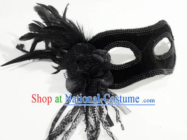 Top Grade Chinese Theatrical Headdress Ornamental Black Mask, Asian Traditional Halloween Occasions Handmade Debutante Feather Mask for Women