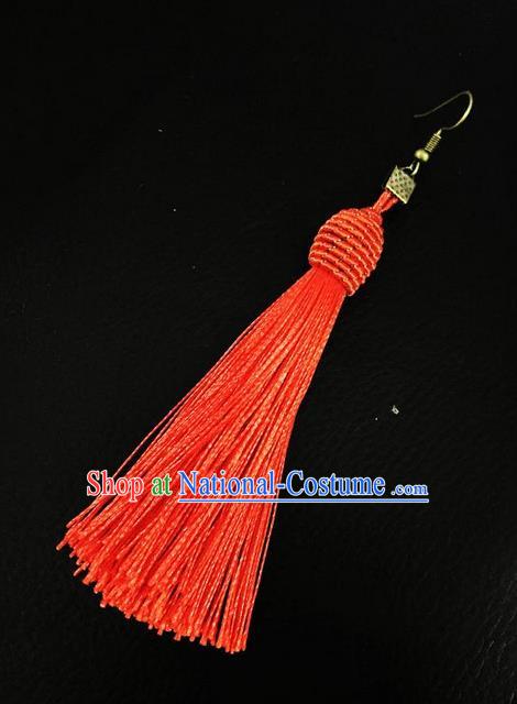 Top Grade Chinese Theatrical Headdress Ornamental Masquerade Earrings, Brazilian Carnival Halloween Occasions Handmade Miami Debutante Red Tassel Eardrop for Women