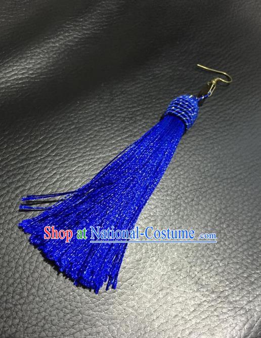 Top Grade Chinese Theatrical Headdress Ornamental Masquerade Earrings, Brazilian Carnival Halloween Occasions Handmade Miami Debutante Blue Tassel Eardrop for Women