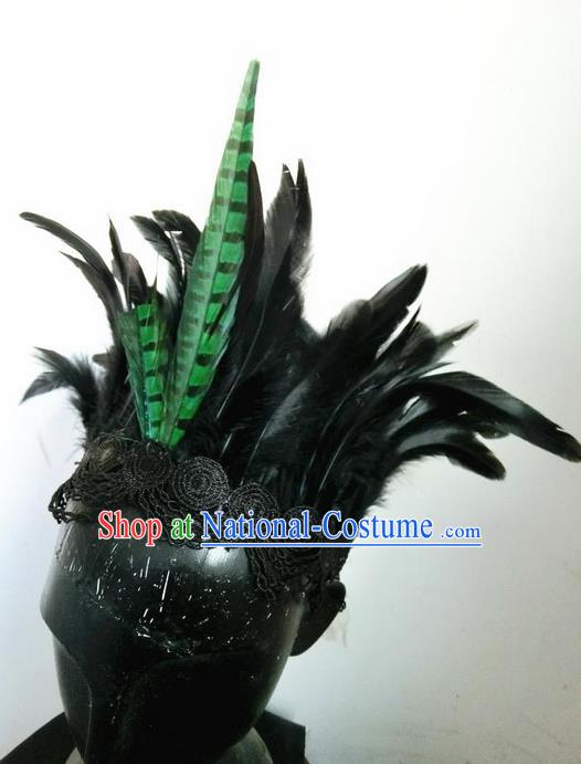 Top Grade Chinese Theatrical Headdress Ornamental Masquerade Green Feather Hair Accessories, Brazilian Carnival Halloween Occasions Handmade Miami Headwear for Women