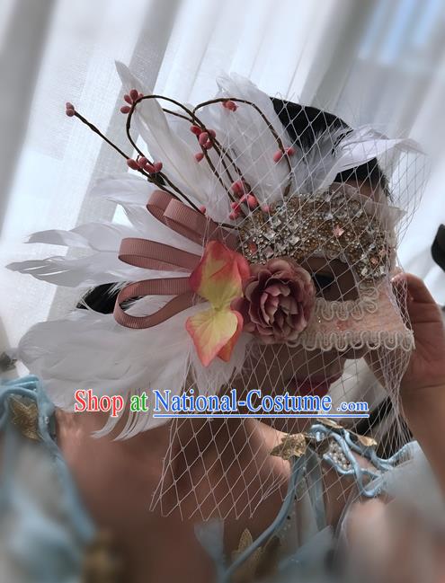 Top Grade Chinese Theatrical Headdress Ornamental Masquerade White Feather Mask, Brazilian Carnival Halloween Occasions Handmade Miami Veil Mask for Women