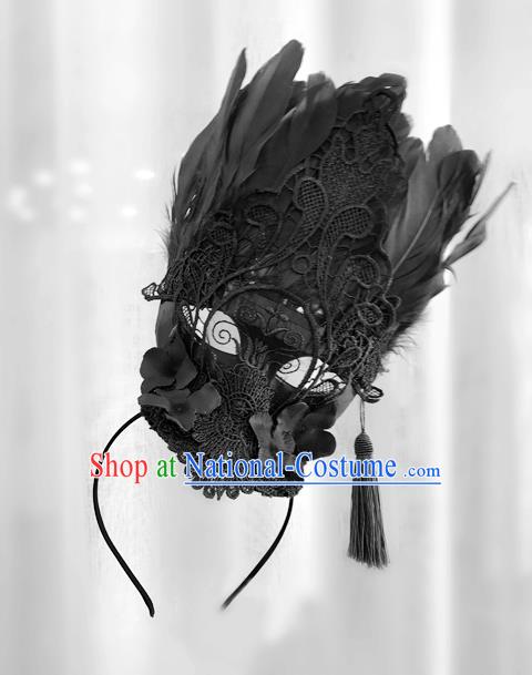 Top Grade Chinese Theatrical Headdress Ornamental Masquerade Black Feather Hair Accessories, Brazilian Carnival Halloween Occasions Handmade Miami Lace Headwear for Women