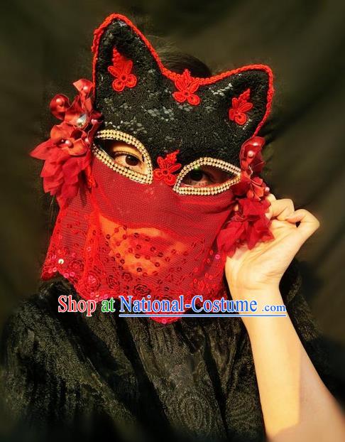 Top Grade Chinese Theatrical Headdress Ornamental Masquerade Cat Mask, Brazilian Carnival Halloween Occasions Handmade Miami Red Lace Veil Mask for Women