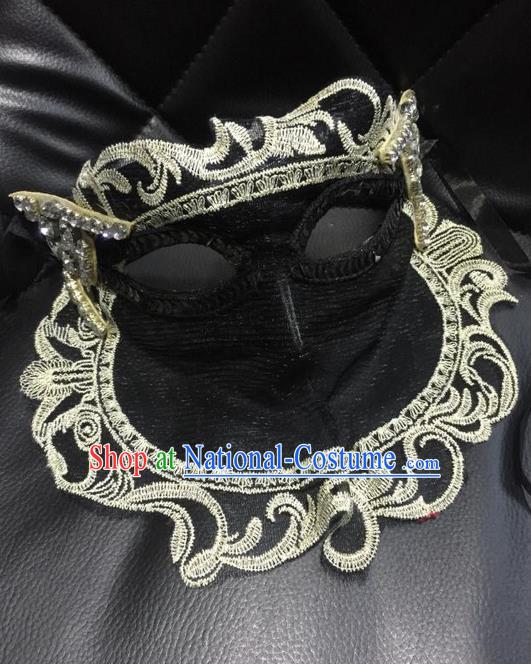 Top Grade Chinese Theatrical Headdress Ornamental Masquerade Black Cat Mask, Brazilian Carnival Halloween Occasions Handmade Miami Lace Veil Mask for Women