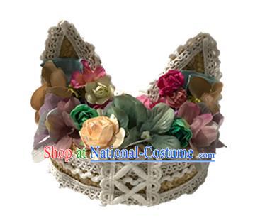 Top Grade Asian Headpiece Headdress Ornamental Cat Ears Flowers Hair Accessories, Brazilian Carnival Halloween Occasions Handmade Miami Lace Hat for Women