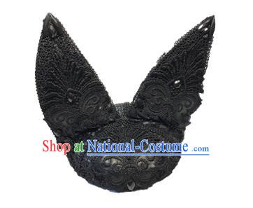 Top Grade Asian Headpiece Headdress Ornamental Cat Ears Hair Accessories, Brazilian Carnival Halloween Occasions Handmade Miami Black Lace Hat for Women