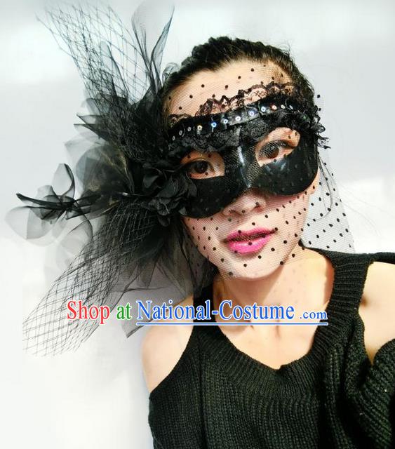 Top Grade Chinese Theatrical Headdress Ornamental Black Veil Mask, Asian Traditional Halloween Occasions Handmade Debutante Feather Mask for Women