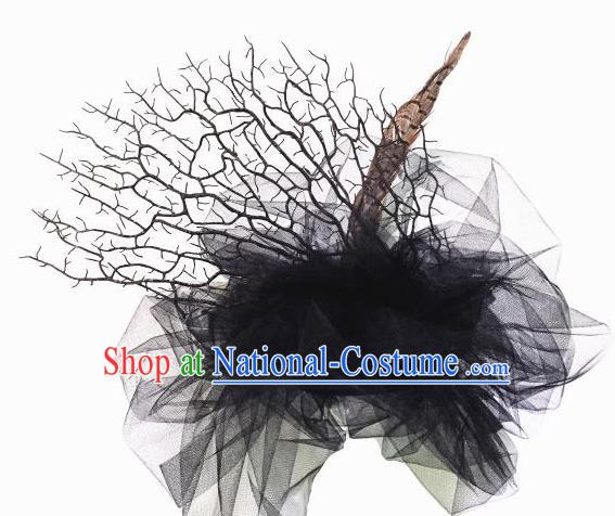 Top Grade Asian Headpiece Headdress Ornamental Branch Feather Hair Accessories, Brazilian Carnival Halloween Occasions Handmade Miami Black Veil Headwear for Women