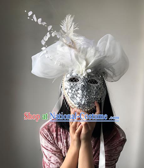 Top Grade Asian Headpiece Headdress Ornamental White Veil Mask, Brazilian Carnival Halloween Occasions Handmade Miami Cosplay Feather Mask for Women