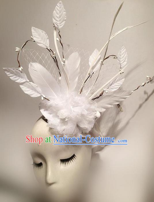 Top Grade Asian Headpiece Headdress Ornamental White Veil Headwear, Brazilian Carnival Halloween Occasions Handmade Miami Feather Hair Clasp for Women