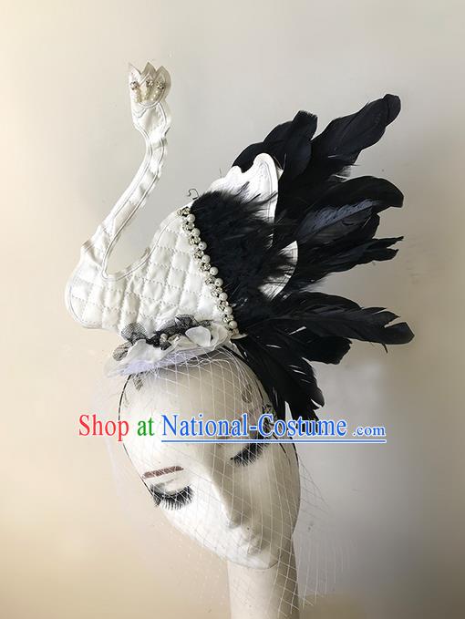 Top Grade Asian Headpiece Headdress Ornamental White Swan Headwear, Brazilian Carnival Halloween Occasions Handmade Miami Feather Hair Clasp for Women