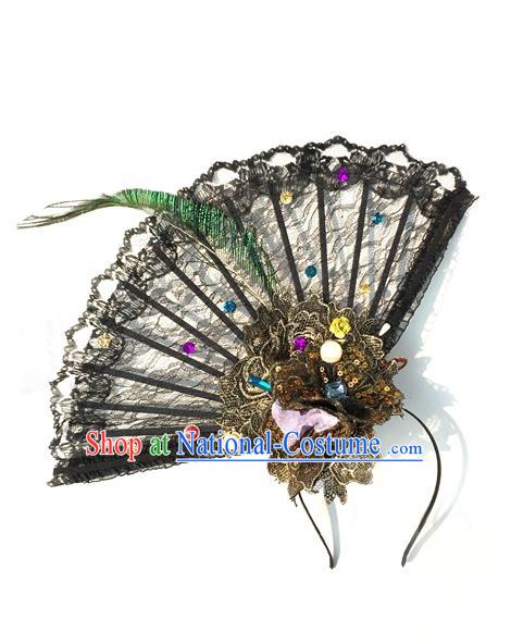 Top Grade Miami Deluxe Asian Chinese Fan Lace Hair Accessories, Halloween Brazilian Carnival Occasions Handmade Hair Clasp Headwear for Women