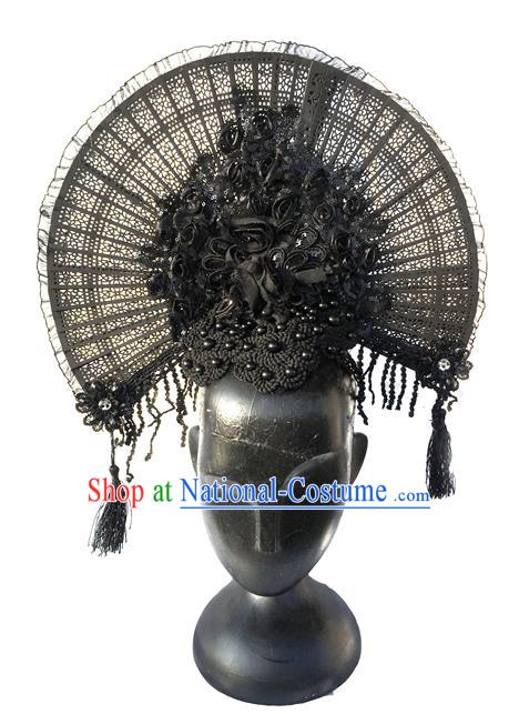 Top Grade Miami Deluxe Asian Chinese Black Fan Lace Hair Accessories, Halloween Brazilian Carnival Occasions Model Show Handmade Hair Clasp Headwear for Women