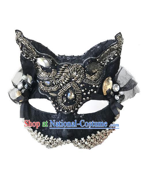 Top Grade Asian Headpiece Headdress Ornamental Cat Crystal Mask, Brazilian Carnival Halloween Occasions Handmade Miami Black Mask for Women