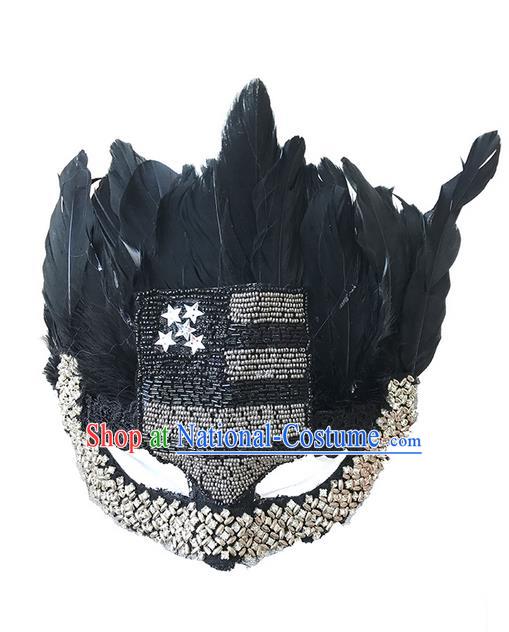 Top Grade Asian Headpiece Headdress Ornamental Cat Crystal Mask, Brazilian Carnival Halloween Occasions Handmade Miami Black Feather Mask for Women