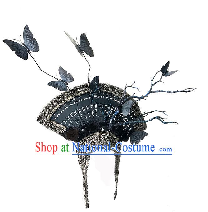 Top Grade Deluxe Asian Chinese Traditional Catwalks Headdress Hair Clasp, Halloween Brazilian Carnival Occasions Model Show Handmade Butterfly Fan Headwear for Women