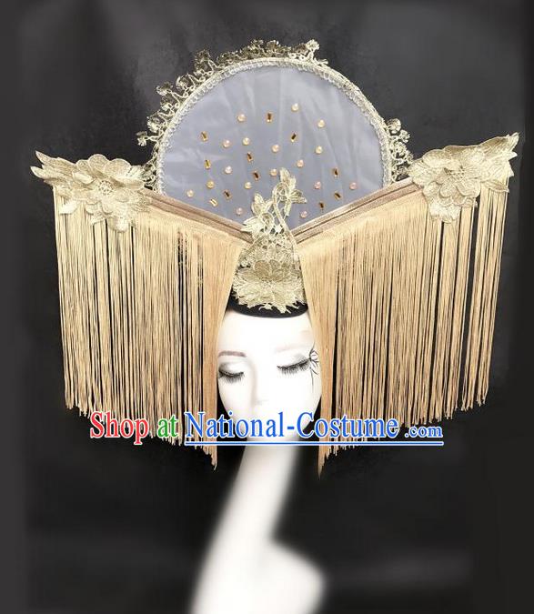 Top Grade Deluxe Asian Chinese Traditional Catwalks Headdress Fan Hair Clasp, Halloween Brazilian Carnival Occasions Model Show Handmade Tassel Headwear for Women