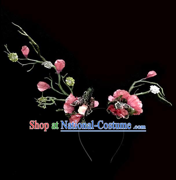 Top Grade Deluxe Catwalks Headdress Pink Flowers Hair Clasp, Halloween Brazilian Carnival Occasions Model Show Handmade Bride Headwear for Women