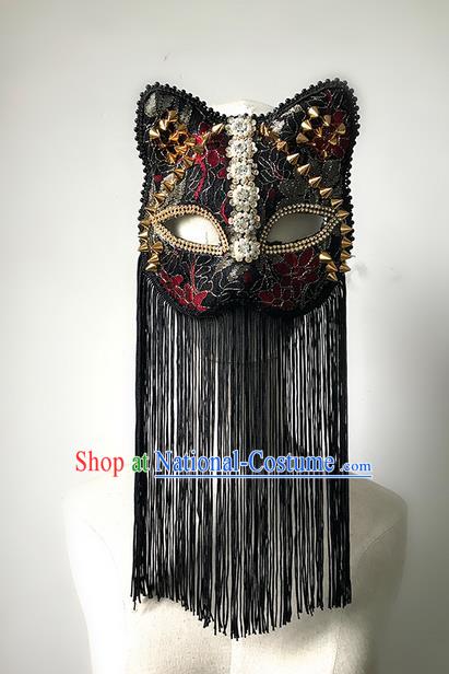 Top Grade Asian Headpiece Headdress Ornamental Cat Mask, Brazilian Carnival Halloween Occasions Handmade Miami Vintage Rivet Tassel Mask for Women