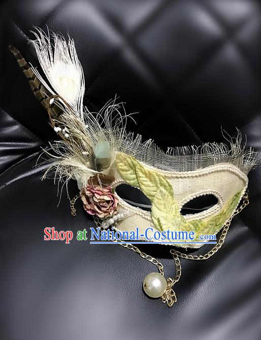 Top Grade Asian Headpiece Headdress Ornamental Cosplay Princess Feather Mask, Brazilian Carnival Halloween Occasions Handmade Miami Vintage White Mask for Women