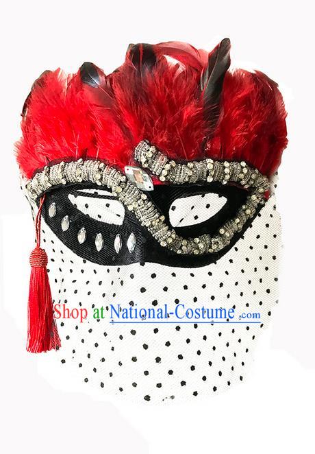 Top Grade Asian Headpiece Headdress Ornamental Cosplay Black Veil Crystal Mask, Brazilian Carnival Halloween Occasions Handmade Miami Red Feather Vintage Mask for Women