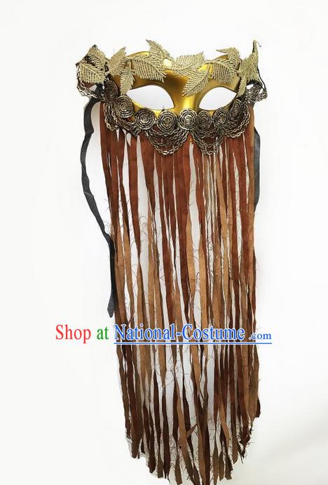 Top Grade Asian Headpiece Headdress Ornamental Cosplay Golden Mask, Brazilian Carnival Halloween Occasions Handmade Miami Vintage Brown Tassel Mask for Women