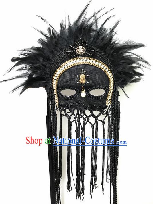 Top Grade Asian Headpiece Headdress Ornamental Cosplay Feather Mask, Brazilian Carnival Halloween Occasions Handmade Miami Vintage Black Tassel Mask for Women