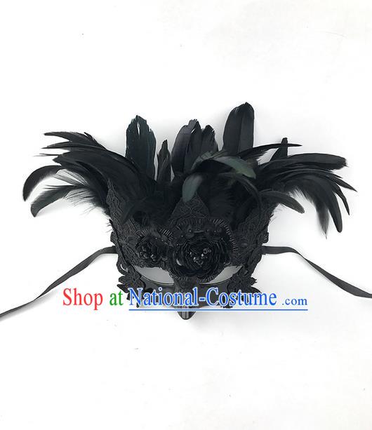 Top Grade Asian Headpiece Headdress Ornamental Black Feather Mask, Brazilian Carnival Halloween Occasions Handmade Miami Cosplay Mask for Men