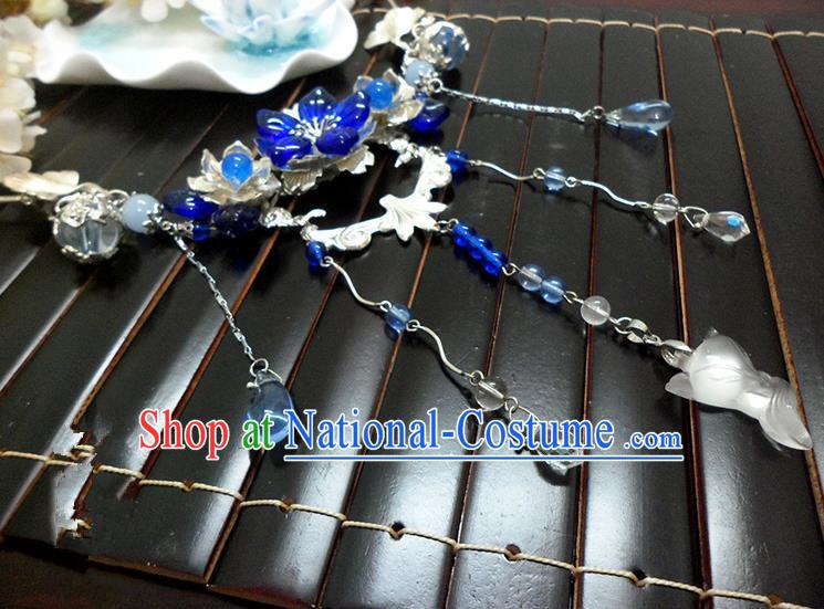 Top Grade Handmade Traditional China Handmade Jewelry Accessories Blue Crystal Necklace, Ancient Chinese Princess Conophytum Pucillum Tassel Collar for Women