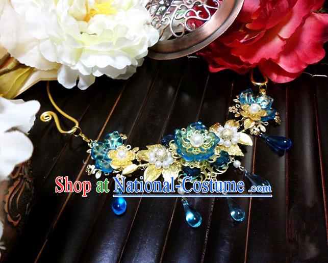 Top Grade Handmade Traditional China Handmade Jewelry Accessories Blue Crystal Necklace, Ancient Chinese Princess Conophytum Pucillum Tassel Pearl Collar for Women