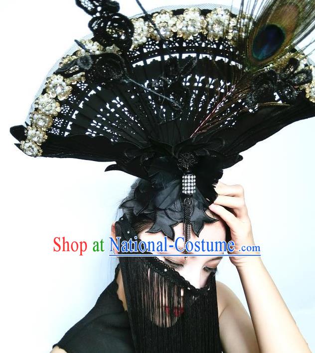 Top Grade Asian Headpiece Headdress Ornamental Cosplay Fan Hair Accessories, Brazilian Carnival Halloween Occasions Handmade Miami Vintage Lace Headwear for Women