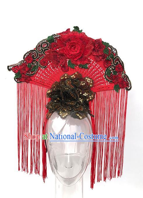 Top Grade Asian China Headpiece Ornamental Fan Hair Accessories, Traditional China Manchu Princess Flowers Floral Headdress Occasions Handmade Headwear for Women