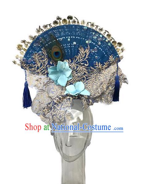 Top Grade Asian China Fan Embroidery Hair Accessories, Traditional China Manchu Princess Flowers Floral Headdress Occasions Handmade Blue Headwear for Women