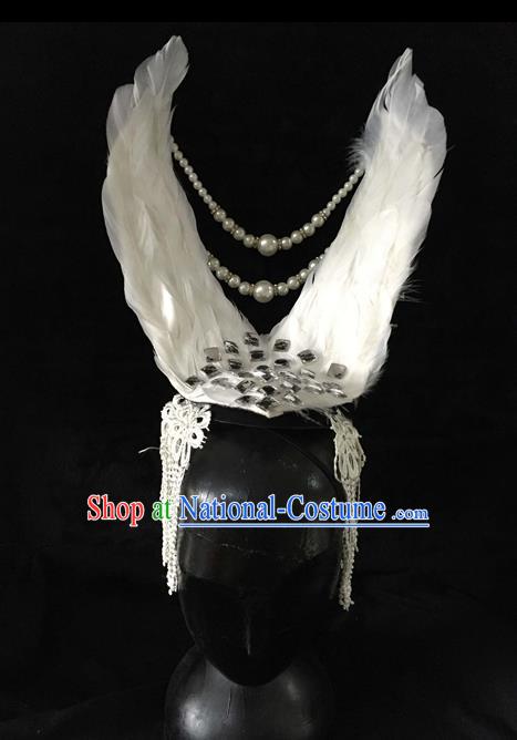 Top Grade Miami Feathers Deluxe Pearls Hair Accessories, Halloween White Feather Headdress Brazilian Carnival Occasions Handmade Headwear for Women