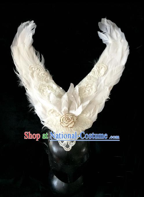 Top Grade Miami Feathers Deluxe Lace Hair Accessories, Halloween White Feather Headdress Brazilian Carnival Occasions Handmade Headwear for Women