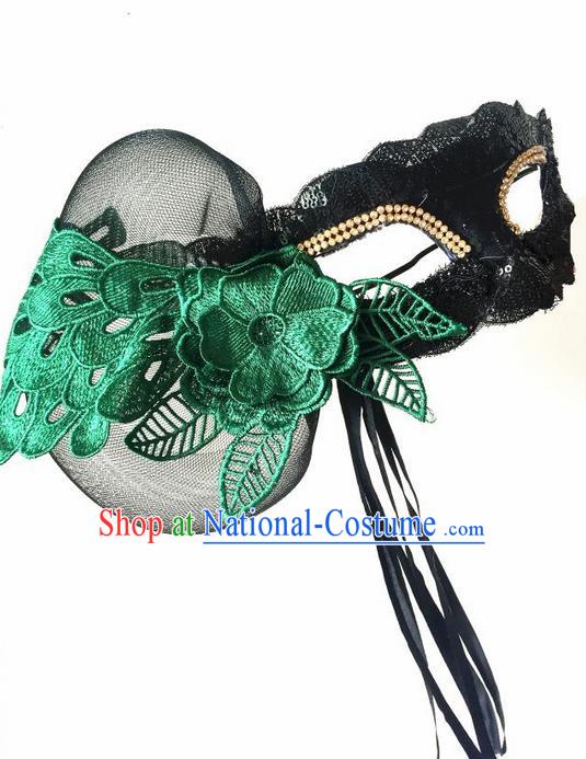 Top Grade Miami Deluxe Embroidery Lace Mask, Halloween White Feather Headdress Brazilian Carnival Occasions Handmade Green Face Mask for Women