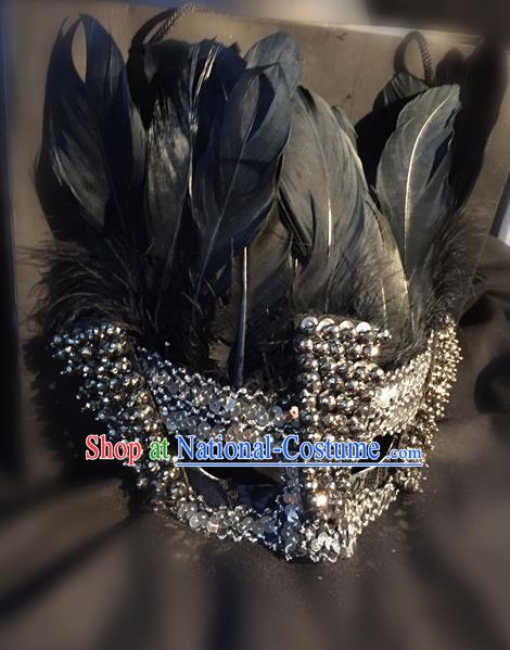 Top Grade Miami Deluxe Black Feather Mask, Halloween Feather Headdress Brazilian Carnival Occasions Handmade Crystal Face Mask for Men