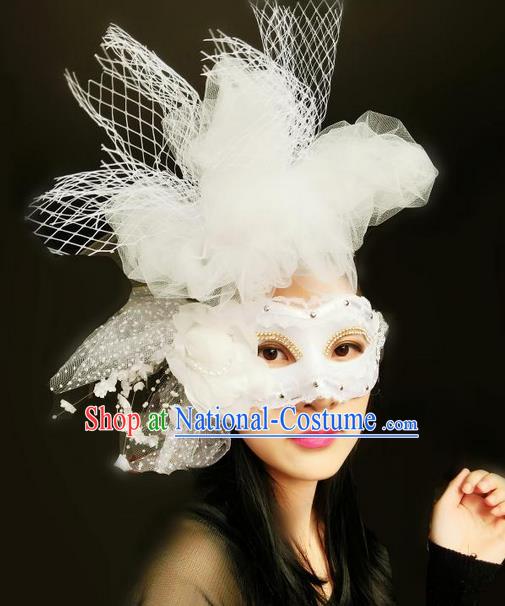 Top Grade Miami Deluxe White Lace Veil Mask, Halloween Feather Headdress Brazilian Carnival Occasions Handmade Face Mask for Women