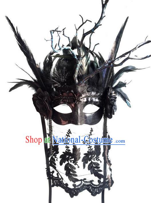 Top Grade Miami Deluxe Black Branch Crystal Mask, Halloween Headdress Brazilian Carnival Occasions Handmade Feather Face Mask for Women