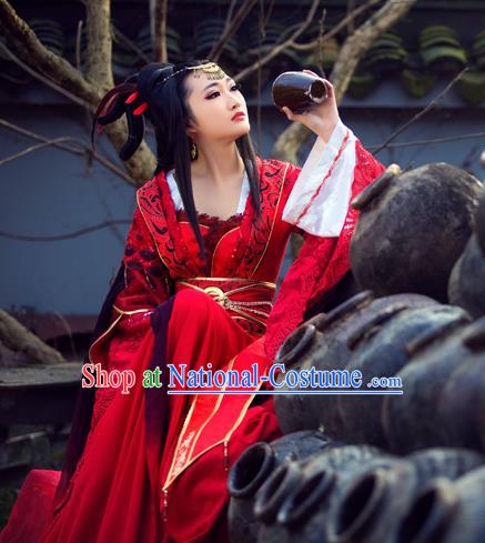 Traditional Ancient Chinese Swordswoman Fairy Dance Costume, Chinese Tang Dynasty Imperial Princess Wedding Dress Hanfu Embroidered Red Clothing for Women