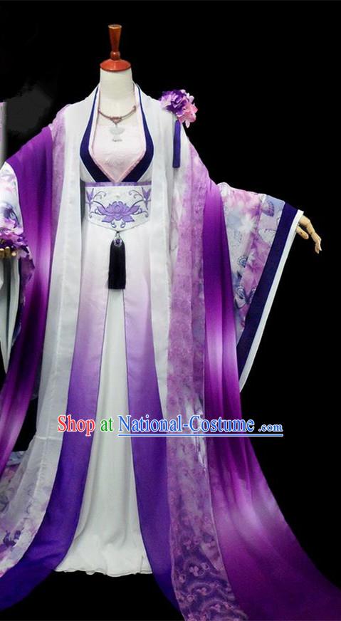 Traditional Ancient Chinese Imperial Concubine Fairy Costume, Chinese Tang Dynasty Imperial Princess Purple Dress Hanfu Embroidered Clothing for Women