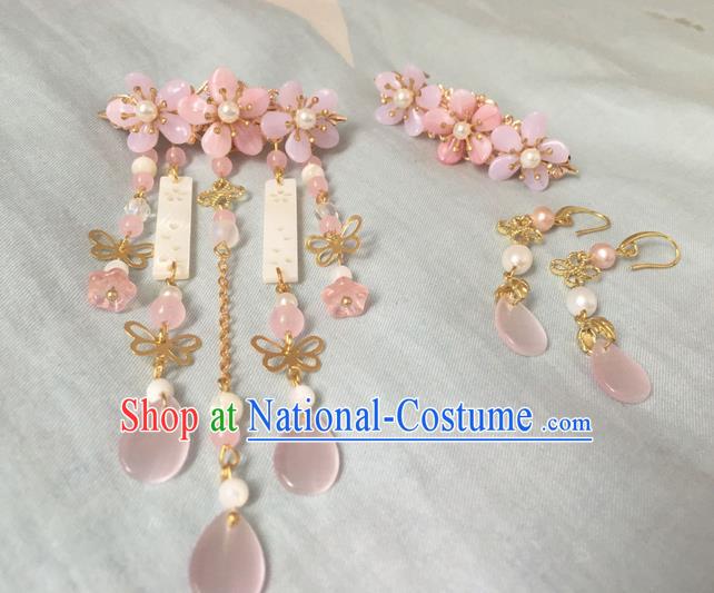 Asian Chinese Traditional Headdress Pink Jade Hair Accessories Hairpins, China Ancient Handmade Bride Hanfu Tassel Step Shake Headwear for Women