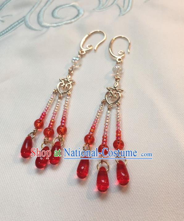 Asian Chinese Traditional Headdress Red Beads Tassel Earrings, China Ancient Handmade Bride Hanfu Crystal Eardrop for Women