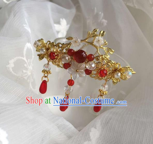 Asian Chinese Traditional Headdress Red Agate Hair Accessories Xiuhe Suit Hairpins, China Ancient Handmade Bride Hanfu Tassel Step Shake Headwear for Women