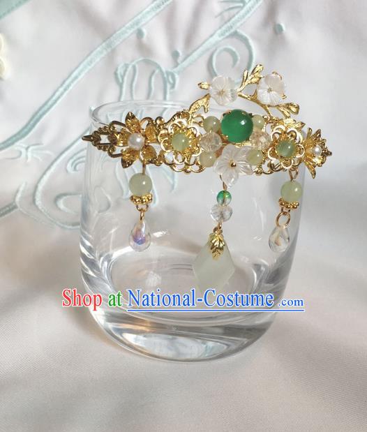 Asian Chinese Traditional Headdress Green Agate Hair Accessories Hairpins, China Ancient Handmade Bride Hanfu Tassel Step Shake Headwear for Women