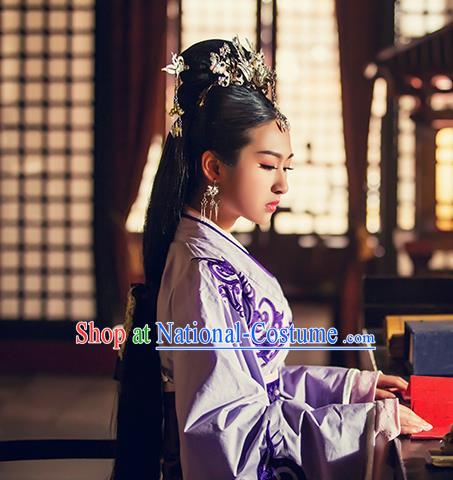 Traditional Ancient Chinese Female Embroidered Costume, Chinese Han Dynasty Palace Princess Purple Dress Hanfu Clothing for Women