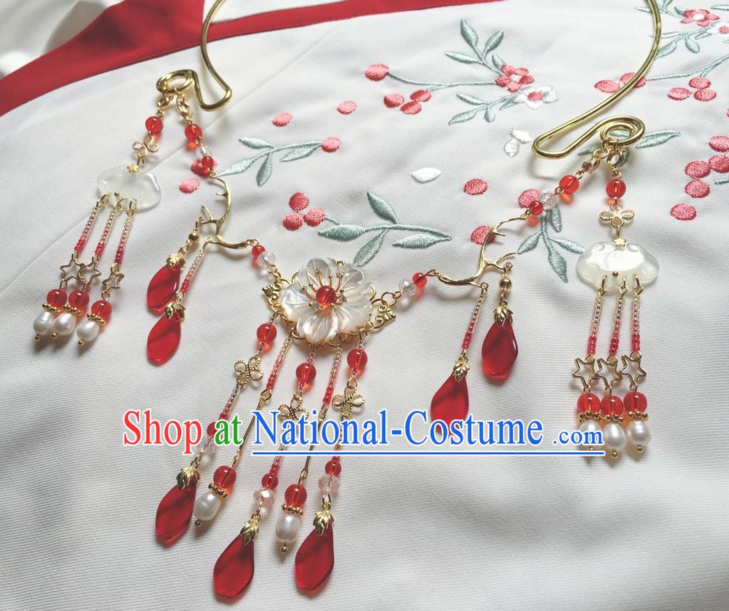 Asian Chinese Traditional Headdress Red Crystal Tassel Necklace, China Ancient Handmade Bride Hanfu Xiuhe Suit Collar Necklet for Women