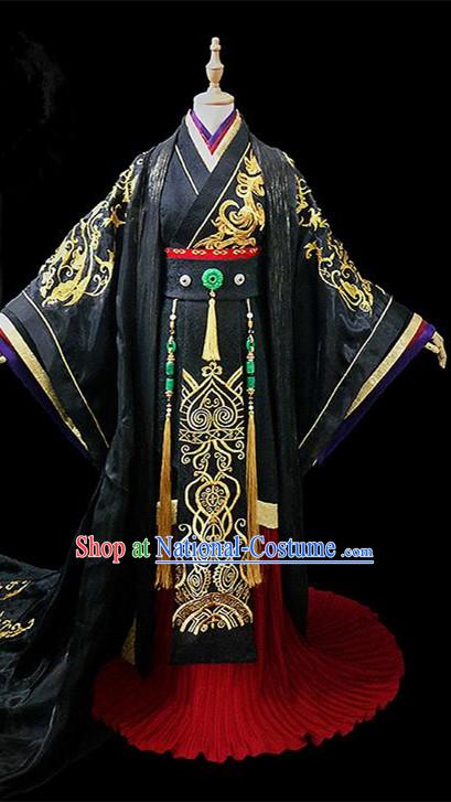 Traditional Ancient Chinese Nobility King Black Embroidered Costume Complete Set, Chinese Tang Dynasty Emperor Robes Hanfu Clothing for Men