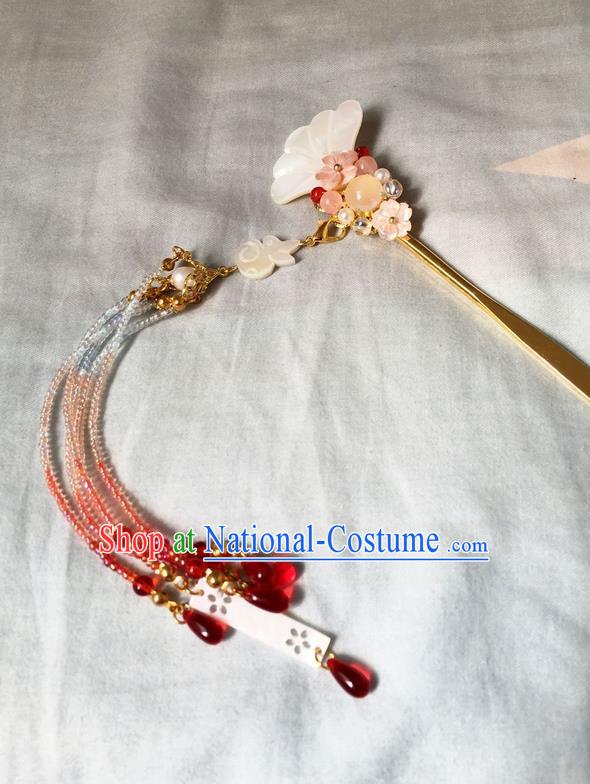 Asian Chinese Traditional Headdress Red Beads Hair Accessories Hairpins, China Ancient Handmade Bride Hanfu Step Shake Hair Stick Headwear for Women